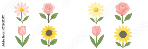 Colorful collection of hand-drawn flowers featuring various species in vibrant hues and simple designs ready for spring themes