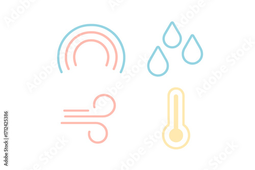 Weather symbols representing rain, wind, temperature changes, and a rainbow during a pleasant day