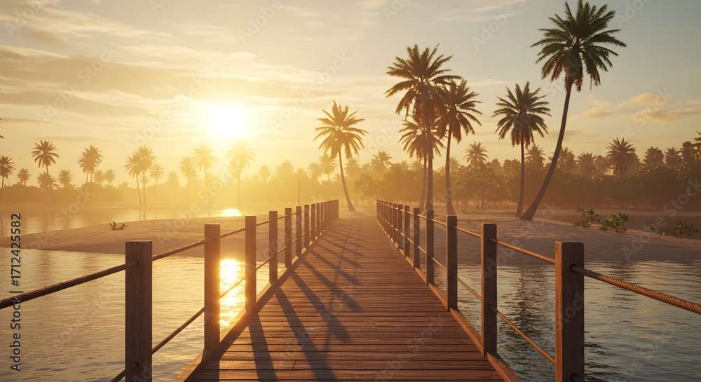 Fototapeta premium A wooden bridge leads to a tropical island with palm trees at sunset the sun reflecting on the water