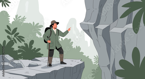 Adventurous Explorer Contemplates The Majestic Rocky Terrain During A Trek