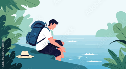 Adventurous Explorer Contemplating The Serene Waterside Near Tropical Vegetation Scene