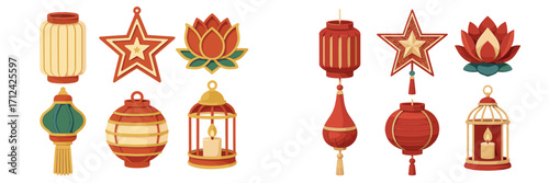 Variety of traditional Asian lanterns, decorative stars, and lotus flowers for festive cultural events and holidays