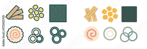 Stylized collection of Asian food ingredients and toppings for traditional noodle and rice dishes like fish cake and seaweed