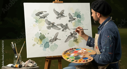 Artist Crafting Aviary Art A Bird Painting On Canvas With Artistic Precision