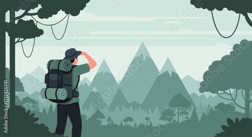 Adventurous Explorer Gazing At Mountainous Scenery While Enjoying The Environment