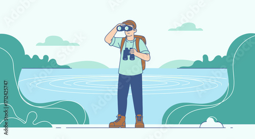 Adventurous Explorer Gazing Through Binoculars Whilst Hiking Beside The Lake