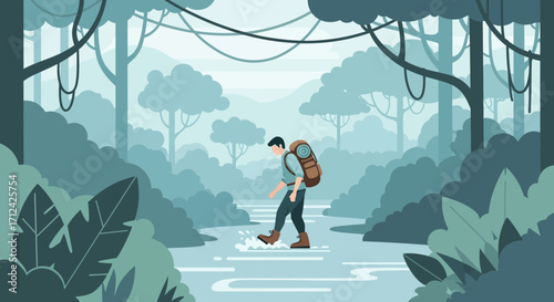 Adventurous Explorer Hiking Through Tropical Jungle Environment and Dense Vegetation