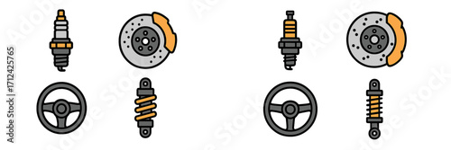 Automotive parts illustrations featuring brake components, spark plugs, and steering wheels in a simple design