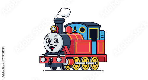 Cheerful and colorful cartoon steam engine illustration, perfect for youthful projects, featuring a delightful locomotive design with a friendly smile