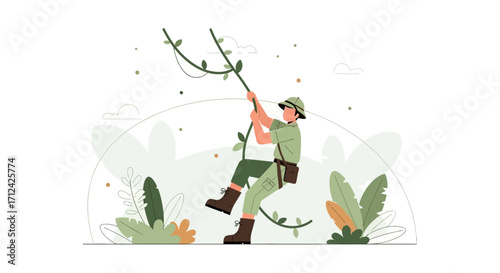 Adventurous Explorer Hanging On Vine In Lush Forest With Modern Illustration Style