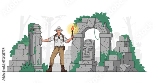 Adventurous Explorer Holding Lit Torch Standing Before Ancient Stone Ruins in the Jungle