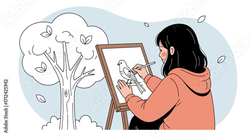 Artist Creating Bird Artwork On Easel Beside Minimalist Tree In Outdoor Setting