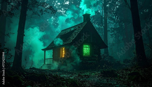 A witch cottage in the woods glowing green smoke from the chimney eerie teal background with shadows stretching
