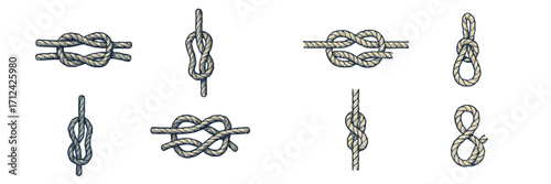 Various types of knots displayed on a white background with intricate details highlighting rope textures