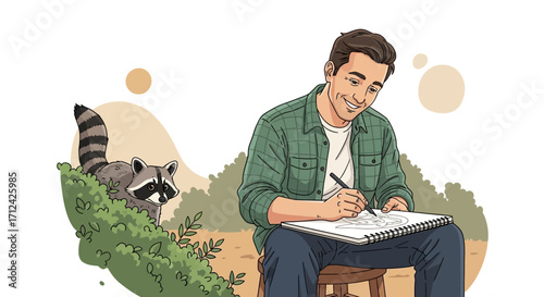 Artist Drawing In Nature While Surprised By A Curious Raccoon Watching His Work