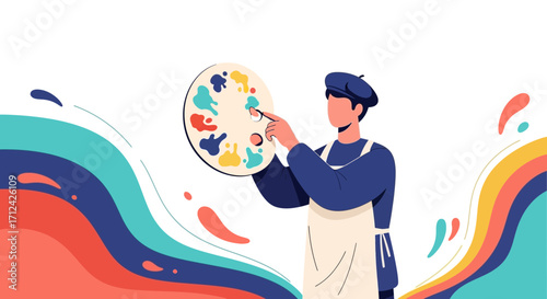 Artist Holding A Palette, Creative Process, Painting, Colorful Abstract Background, Vector Art