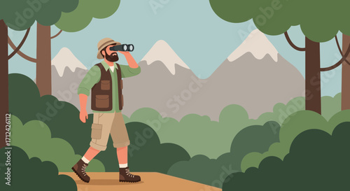 Adventurous Explorer Observing Stunning Mountain Landscape With Binoculars For Discovery