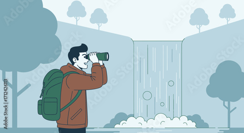Adventurous Explorer Observing Waterfall Landscape With Binoculars For Discovery
