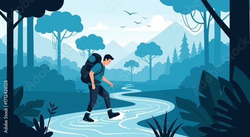 Adventurous Explorer Overcoming River Obstacle Through Scenic Wilderness Route