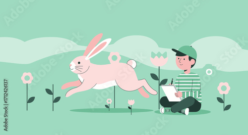 Artist Observing A Pink Rabbit Leaping Across A Meadow Scene During Daylight