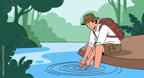 Adventurous Explorer Rest By Tranquil River in Lush Green Jungle Environment