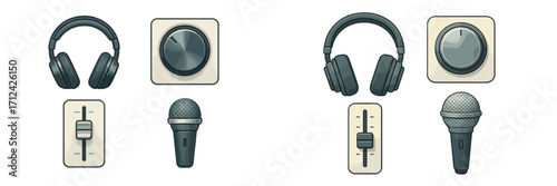 Headphones, microphones, and controls displayed on a clean surface suitable for music production or sound engineering