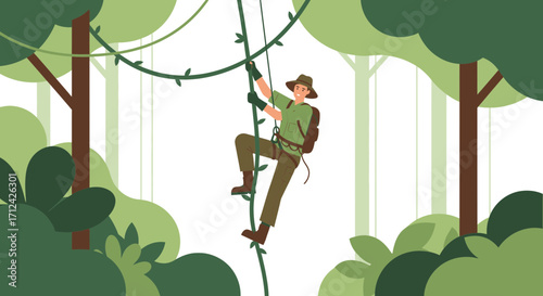 Adventurous Explorer Successfully Climbing a Suspended Vine in Lush Jungle Environment
