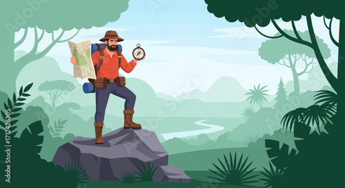 Adventurous Explorer Stands On Rock With Compass and Map in Green Jungle