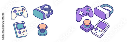 Isometric gaming gadgets featuring game controllers, virtual reality headset, handheld device, and joystick