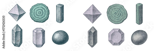 Diverse collection of stylized geometric shapes and natural crystal forms with intricate etched shading on a clean white background