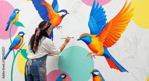 Artist Painting A Vibrant Bird Mural On A Wall With Colorful Decorative Elements.