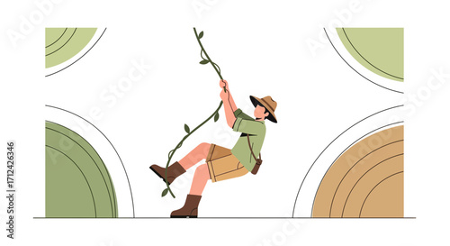 Adventurous Explorer Swinging On Vine Against Minimalist Background Design