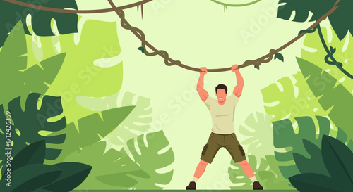 Adventurous Explorer Swinging On Jungle Vine Amidst Lush Greenery And Tropical Foliage