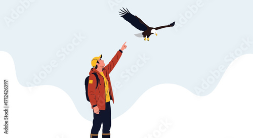 Adventurous Explorer Watching Majestic Eagle Soar High Above The Horizon Line