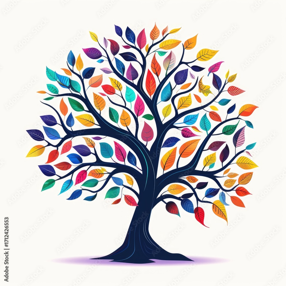 Fototapeta premium A vibrant, stylized tree with a dark trunk and colorful leaves, set against a white background, casting a subtle shadow