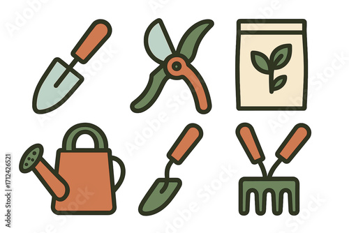 A comprehensive collection of essential gardening tools and equipment for planting, cultivation, and plant care activities