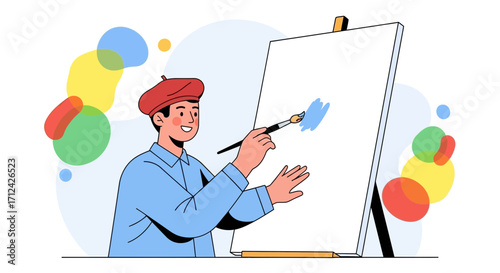 Artist Painting On Canvas, Creative Process And Artistic Expression With Color
