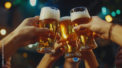 Cheers with Beer Glasses at Night with Bokeh Lights stock image photo