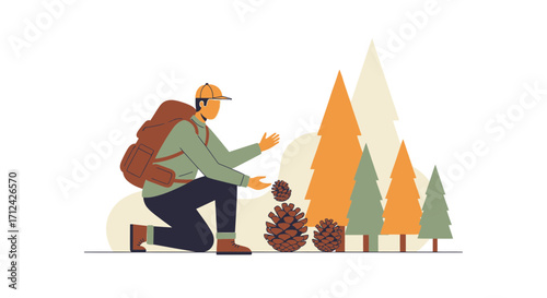 Adventurous Figure Kneeling in Nature, Admiring Pinecones Near Verdant and Golden Trees