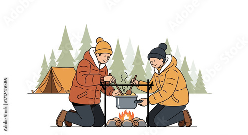 Adventurous Friends Cook Supper Around Campfire During Winter Wilderness Trip Scene