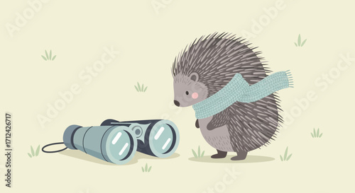 Adventurous Hedgehog Observing Wilderness Through Binoculars Outdoors in Autumn Season