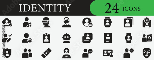 Biometric identity icon set with fingerprint, face, verification, access, login, password, privacy, security, digital and mobile technology
