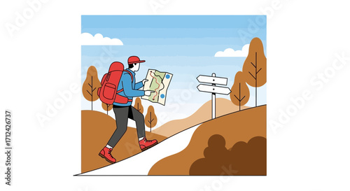 Adventurous Hiker Ascending a Hill, Observing Map and Trails Toward Destination