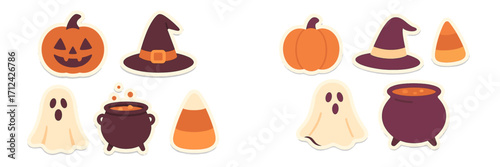 Halloween decorations featuring pumpkins, ghosts, candy corn, and witch hats for festive celebrations