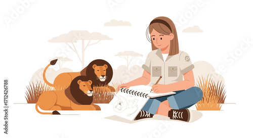 Artist Sketching Lions in Wild Nature Environment Creative Illustration Design