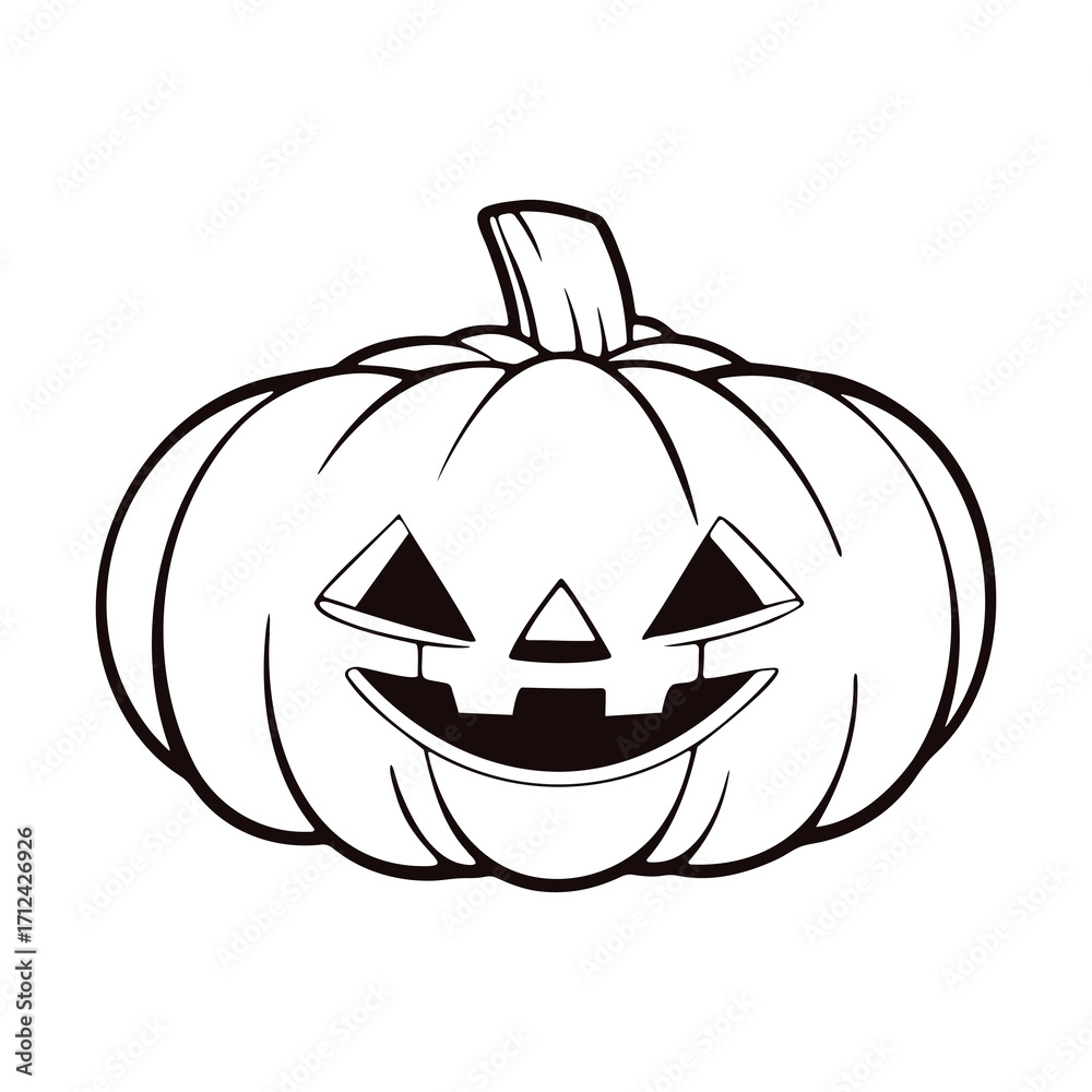 Fototapeta premium Pumpkin Jackolantern With Triangular Eyes Nose And Wide Toothy Smile In Black And White Outline Illustration For Seasonal Halloween Decoration
