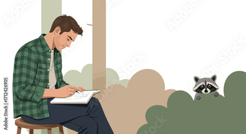 Artist Sketching Outside With An Unexpected Raccoon Friend Observing Beautiful Scenario