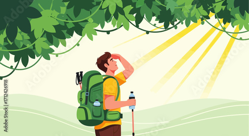 Adventurous Hiker Enjoys The Sunshine While Exploring Lush Green Forest Vegetation