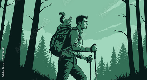Adventurous Hiker Explores Forest with Squirrel, Embarking on Woodland Exploration