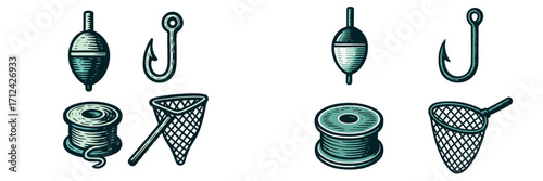 Fishing gear including floats, hooks, nets, and lines for a successful catch during summer activities
